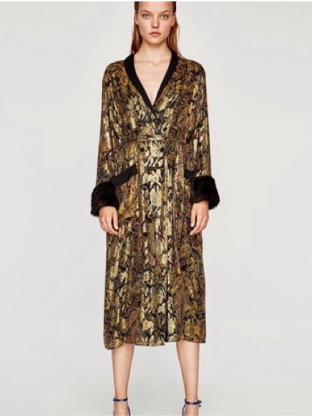 ZARA Mulberry Silk Blend Jacquard Metallic Belt Robe Dress Faux Fur Cuff Smoking
